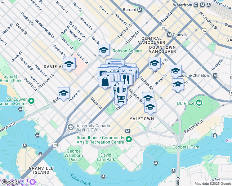 map of restaurants, bars, coffee shops, grocery stores, and more near 1060 Granville Street in Vancouver