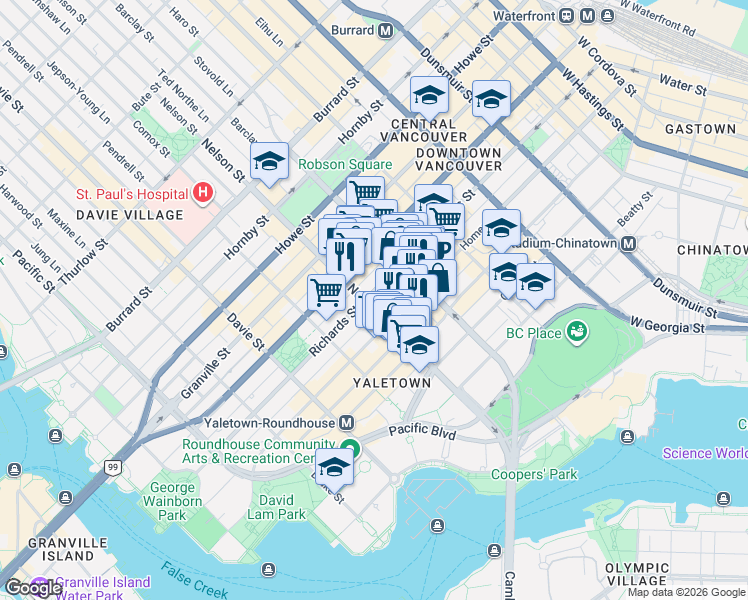 map of restaurants, bars, coffee shops, grocery stores, and more near 988 Richards Street in Vancouver
