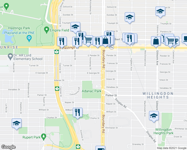 map of restaurants, bars, coffee shops, grocery stores, and more near 3616 East Georgia Street in Vancouver