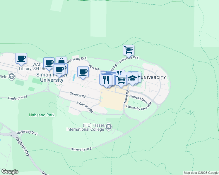 map of restaurants, bars, coffee shops, grocery stores, and more near 8960 University High Street in Burnaby