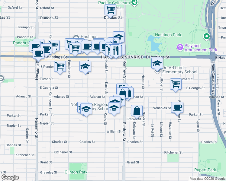 map of restaurants, bars, coffee shops, grocery stores, and more near 2834 East Georgia Street in Vancouver