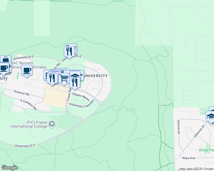 map of restaurants, bars, coffee shops, grocery stores, and more near 9298 University Crescent in Burnaby