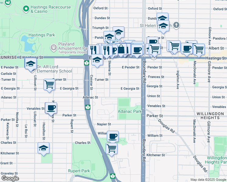 map of restaurants, bars, coffee shops, grocery stores, and more near 3516 East Georgia Street in Vancouver