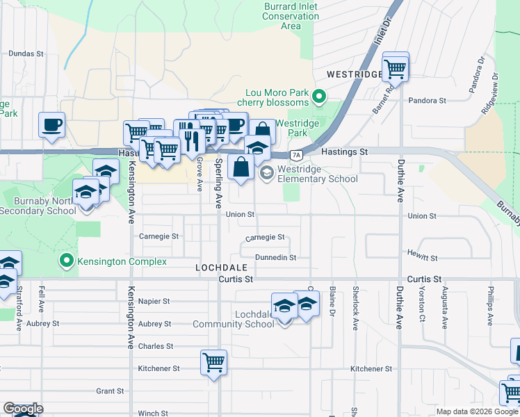 map of restaurants, bars, coffee shops, grocery stores, and more near 780 Duncan Avenue in Burnaby