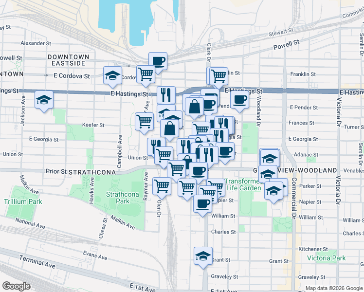 map of restaurants, bars, coffee shops, grocery stores, and more near 739 Vernon Drive in Vancouver