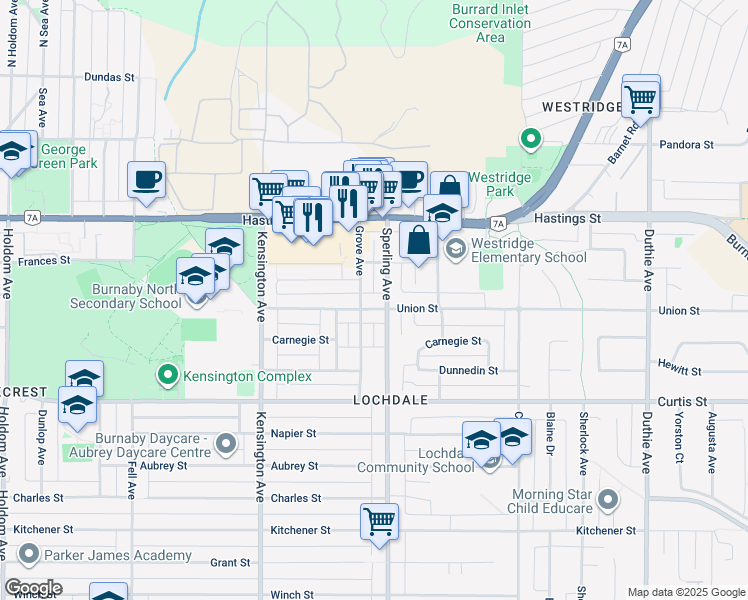 map of restaurants, bars, coffee shops, grocery stores, and more near 6685 Union Street in Burnaby