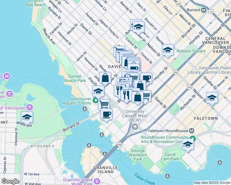 map of restaurants, bars, coffee shops, grocery stores, and more near 1009 Harwood Street in Vancouver