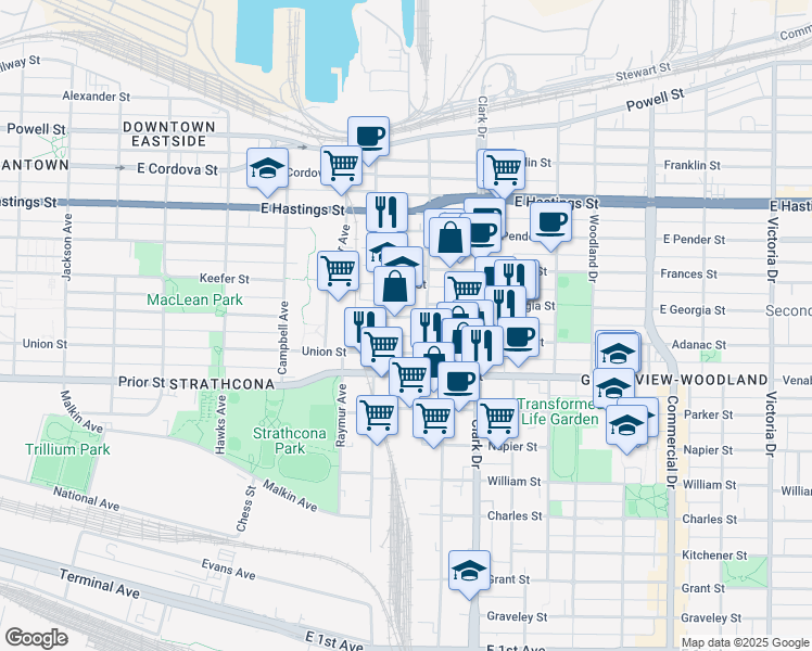 map of restaurants, bars, coffee shops, grocery stores, and more near 1152 East Georgia Street in Vancouver