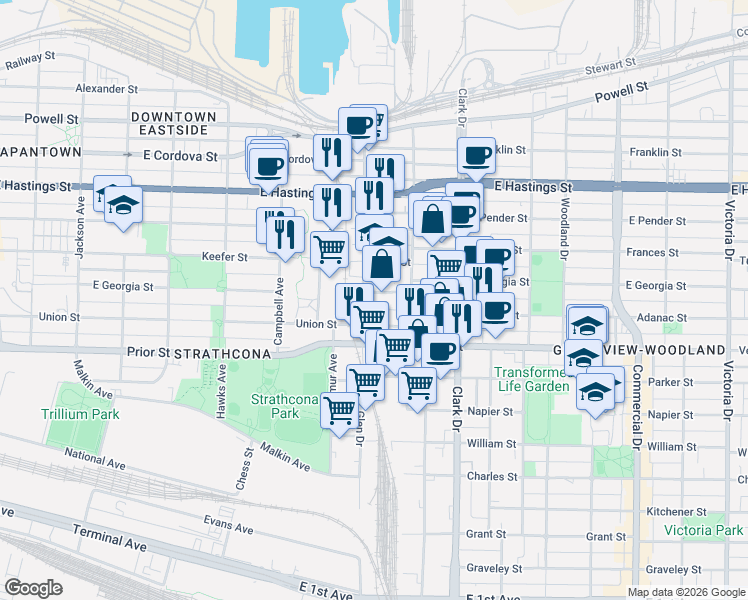 map of restaurants, bars, coffee shops, grocery stores, and more near 1120 East Georgia Street in Vancouver