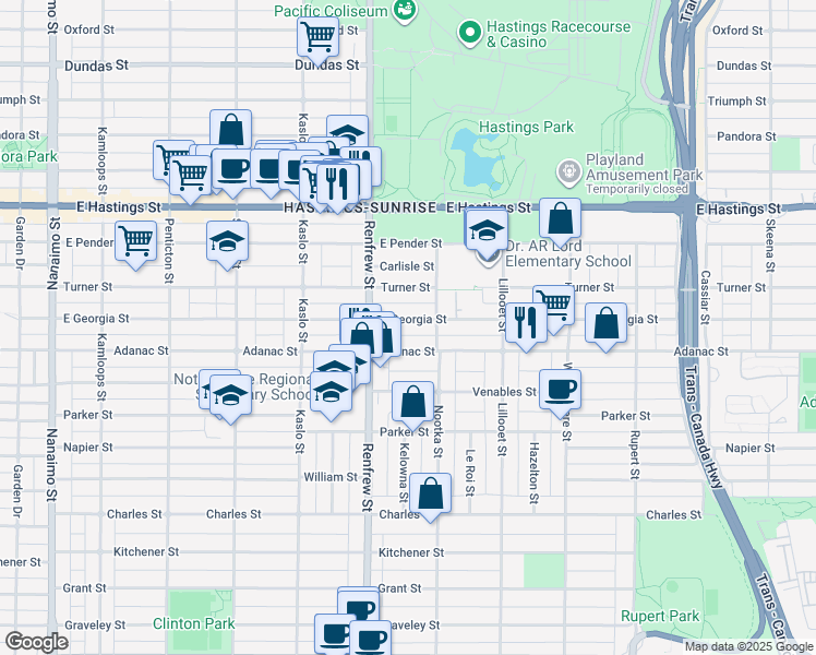 map of restaurants, bars, coffee shops, grocery stores, and more near 2942 East Georgia Street in Vancouver