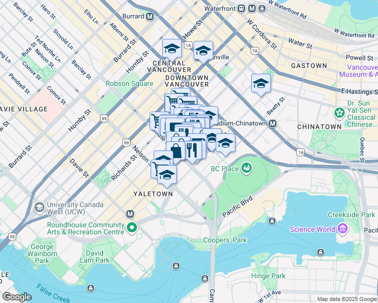 map of restaurants, bars, coffee shops, grocery stores, and more near 888 Hamilton Street in Vancouver