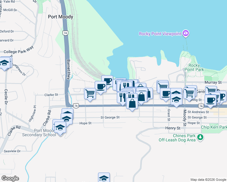 map of restaurants, bars, coffee shops, grocery stores, and more near 2322 Clarke Street in Port Moody