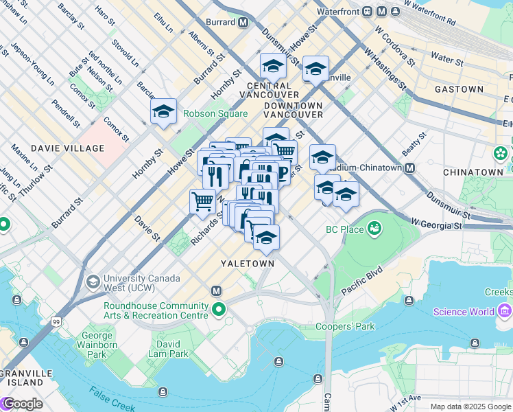map of restaurants, bars, coffee shops, grocery stores, and more near 939 Homer Street in Vancouver