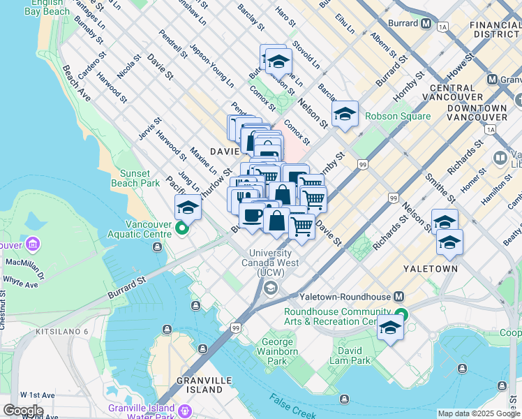 map of restaurants, bars, coffee shops, grocery stores, and more near 1290 Burrard Street in Vancouver