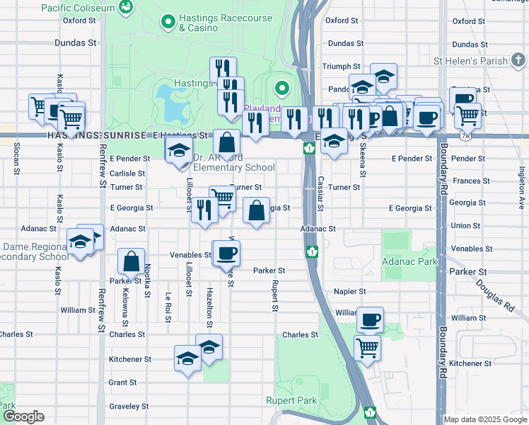 map of restaurants, bars, coffee shops, grocery stores, and more near 3280 East Georgia Street in Vancouver