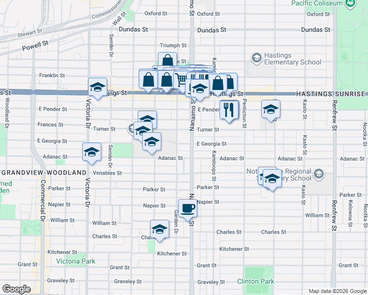 map of restaurants, bars, coffee shops, grocery stores, and more near 2326 East Georgia Street in Vancouver