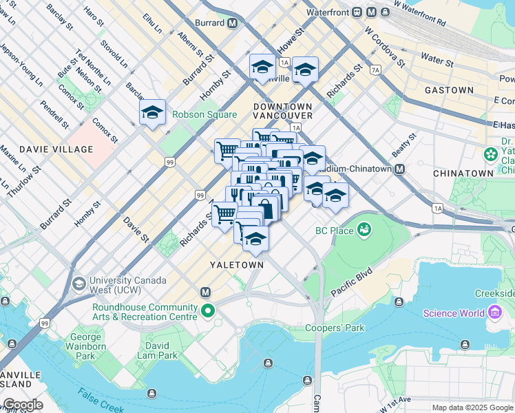 map of restaurants, bars, coffee shops, grocery stores, and more near 928 Homer Street in Vancouver