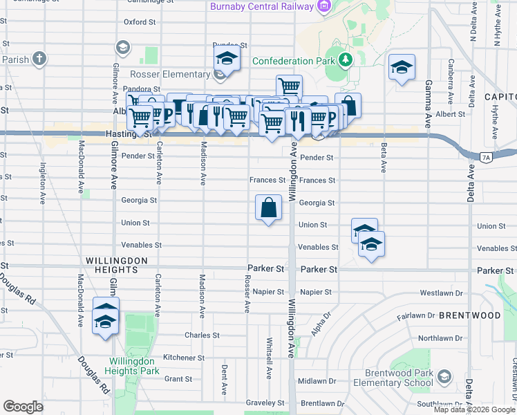 map of restaurants, bars, coffee shops, grocery stores, and more near 4416 Georgia Street in Burnaby