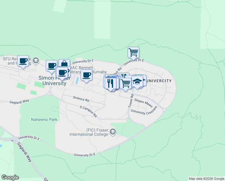 map of restaurants, bars, coffee shops, grocery stores, and more near 8920 University High Street in Burnaby