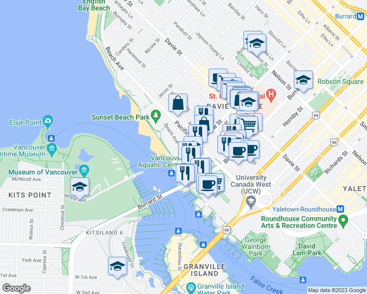 map of restaurants, bars, coffee shops, grocery stores, and more near 701-1111 Beach Avenue in Vancouver