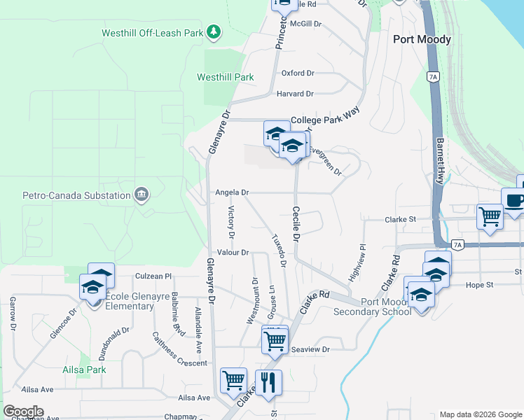 map of restaurants, bars, coffee shops, grocery stores, and more near 1160 Tuxedo Drive in Port Moody