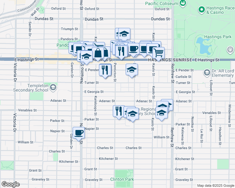 map of restaurants, bars, coffee shops, grocery stores, and more near 2608 East Georgia Street in Vancouver