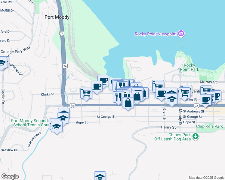 map of restaurants, bars, coffee shops, grocery stores, and more near 2322 Clarke Street in Port Moody