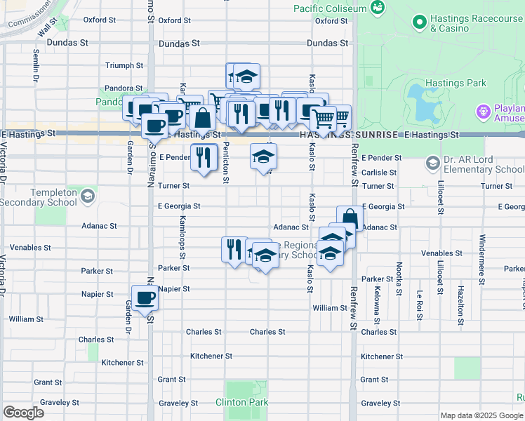 map of restaurants, bars, coffee shops, grocery stores, and more near 2692 East Georgia Street in Vancouver