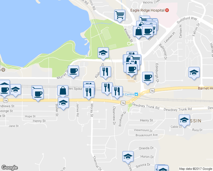 map of restaurants, bars, coffee shops, grocery stores, and more near in Port Moody