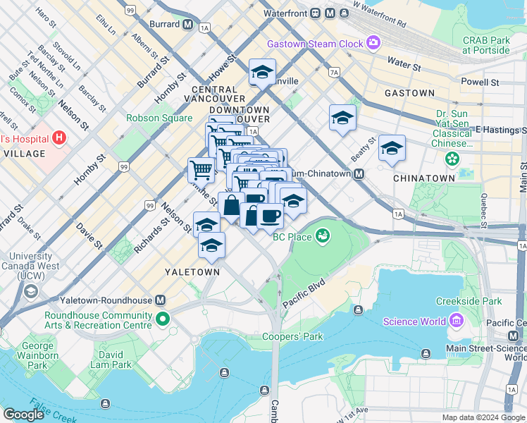 map of restaurants, bars, coffee shops, grocery stores, and more near 288 Robson Street in Vancouver
