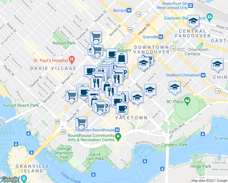 map of restaurants, bars, coffee shops, grocery stores, and more near 1060 Granville Street in Vancouver