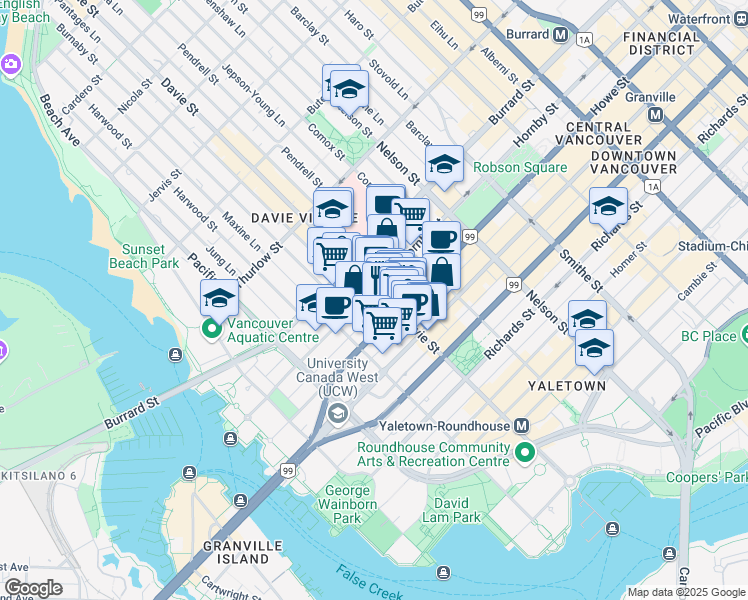map of restaurants, bars, coffee shops, grocery stores, and more near in Vancouver