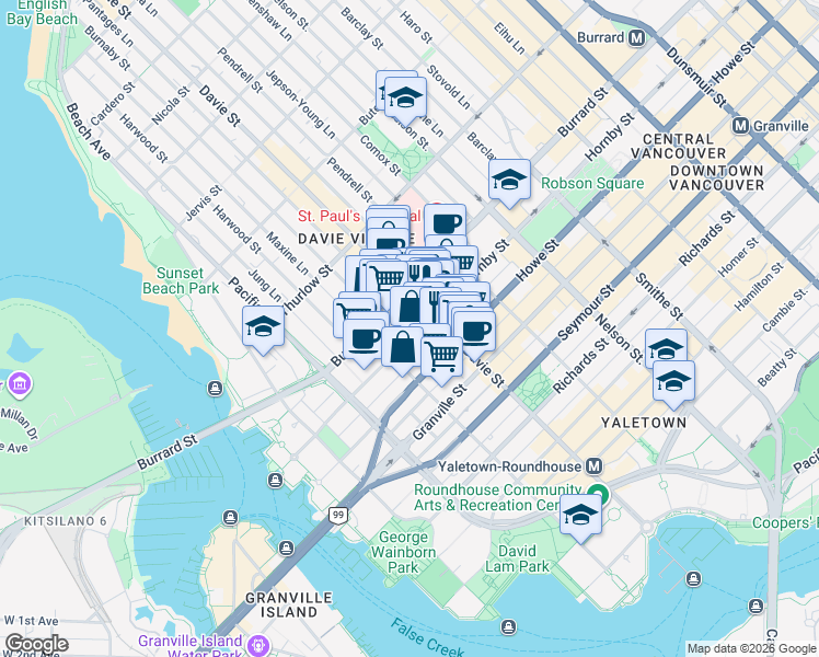 map of restaurants, bars, coffee shops, grocery stores, and more near 1233 Hornby Street in Vancouver