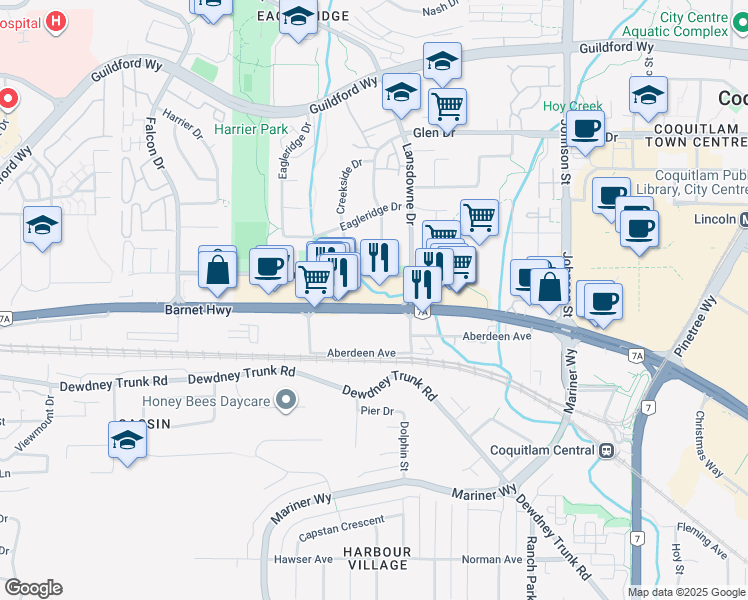 map of restaurants, bars, coffee shops, grocery stores, and more near 2741 Barnet Highway in Coquitlam