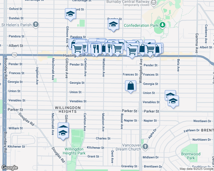 map of restaurants, bars, coffee shops, grocery stores, and more near 4312 Georgia Street in Burnaby