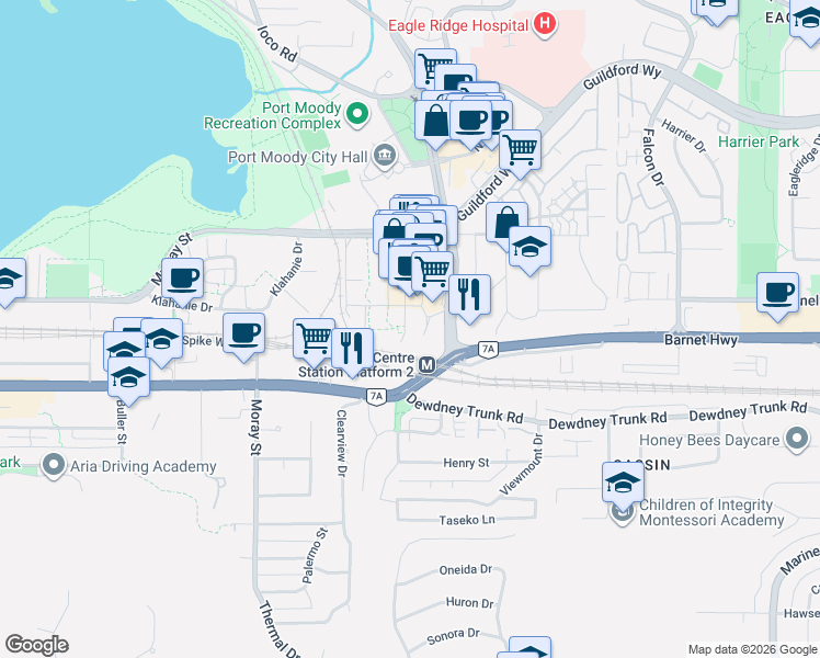 map of restaurants, bars, coffee shops, grocery stores, and more near 305 Morrissey Road in Port Moody