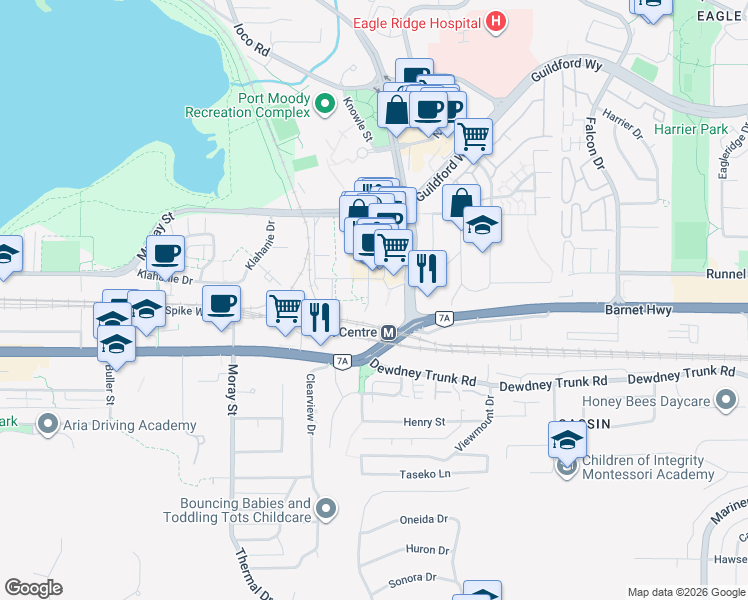 map of restaurants, bars, coffee shops, grocery stores, and more near 305 Morrissey Road in Port Moody