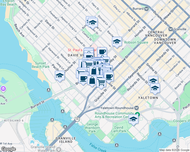map of restaurants, bars, coffee shops, grocery stores, and more near 1233 Hornby Street in Vancouver