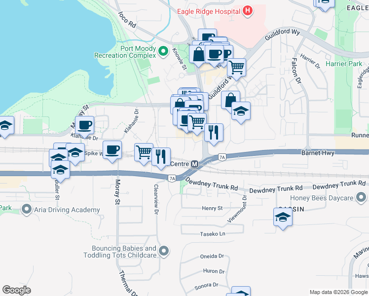map of restaurants, bars, coffee shops, grocery stores, and more near Morrissey Road in Port Moody