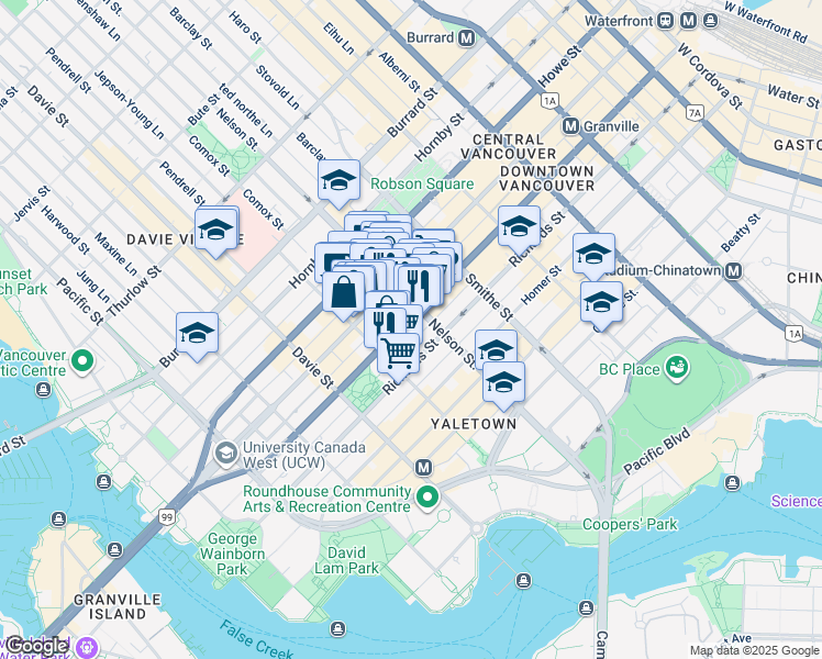 map of restaurants, bars, coffee shops, grocery stores, and more near 1022 Seymour Street in Vancouver