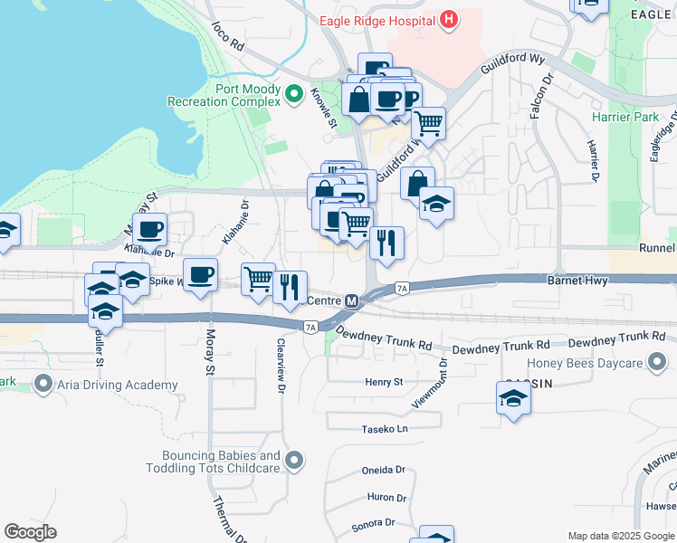 map of restaurants, bars, coffee shops, grocery stores, and more near 305 Morrissey Road in Port Moody