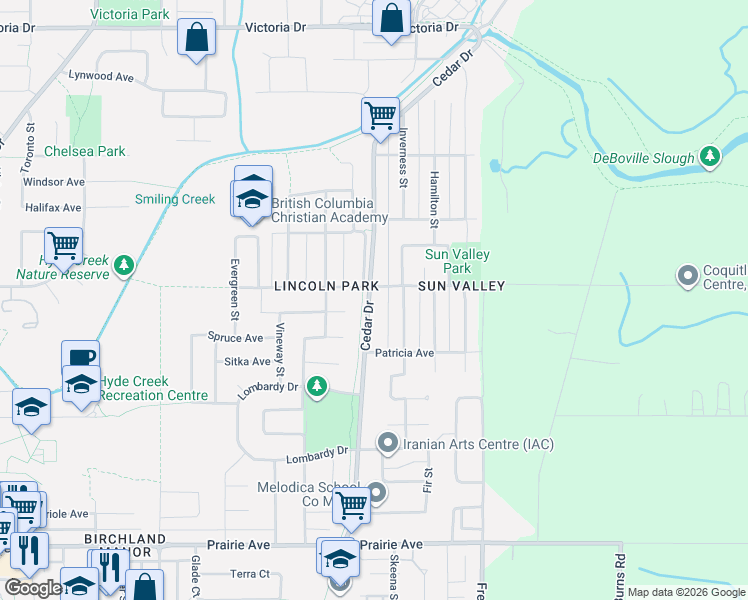 map of restaurants, bars, coffee shops, grocery stores, and more near 3684 Cedar Drive in Port Coquitlam