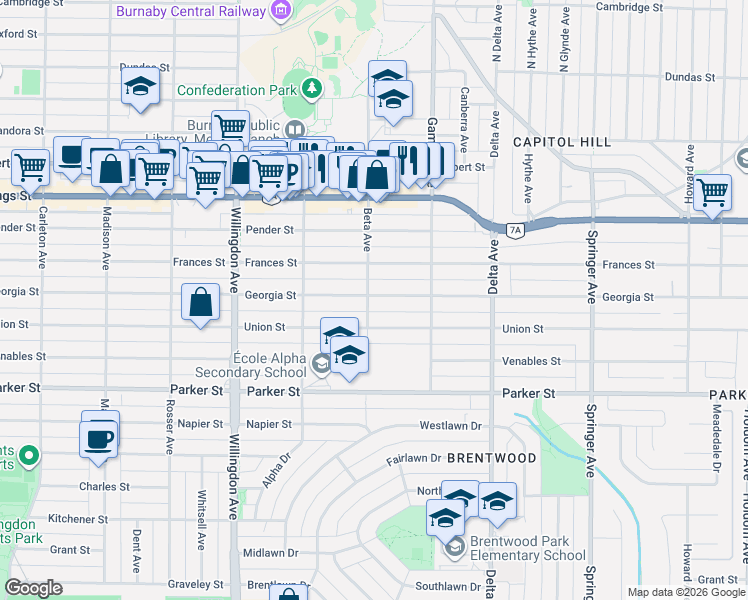 map of restaurants, bars, coffee shops, grocery stores, and more near 4710 Georgia Street in Burnaby