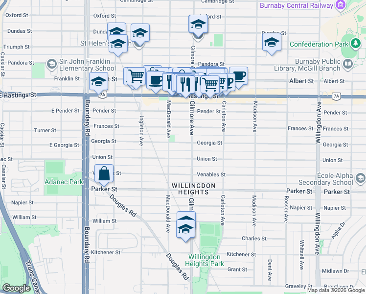 map of restaurants, bars, coffee shops, grocery stores, and more near 4058 Georgia Street in Burnaby