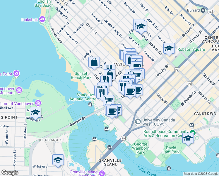 map of restaurants, bars, coffee shops, grocery stores, and more near 1065 Pacific Street in Vancouver