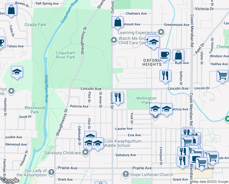 map of restaurants, bars, coffee shops, grocery stores, and more near 3692 Oxford Street in Port Coquitlam