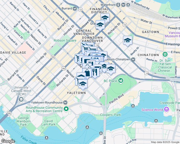 map of restaurants, bars, coffee shops, grocery stores, and more near 847 Hamilton Street in Vancouver