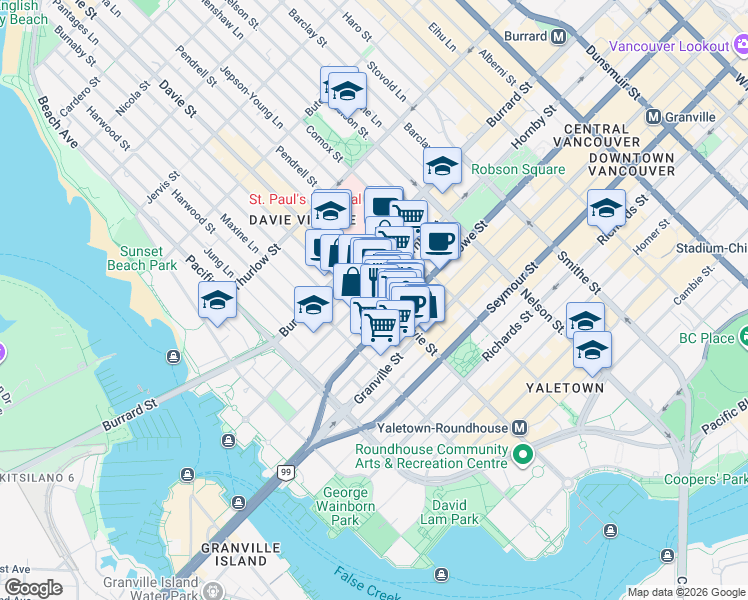 map of restaurants, bars, coffee shops, grocery stores, and more near 1200 Hornby Street in Vancouver