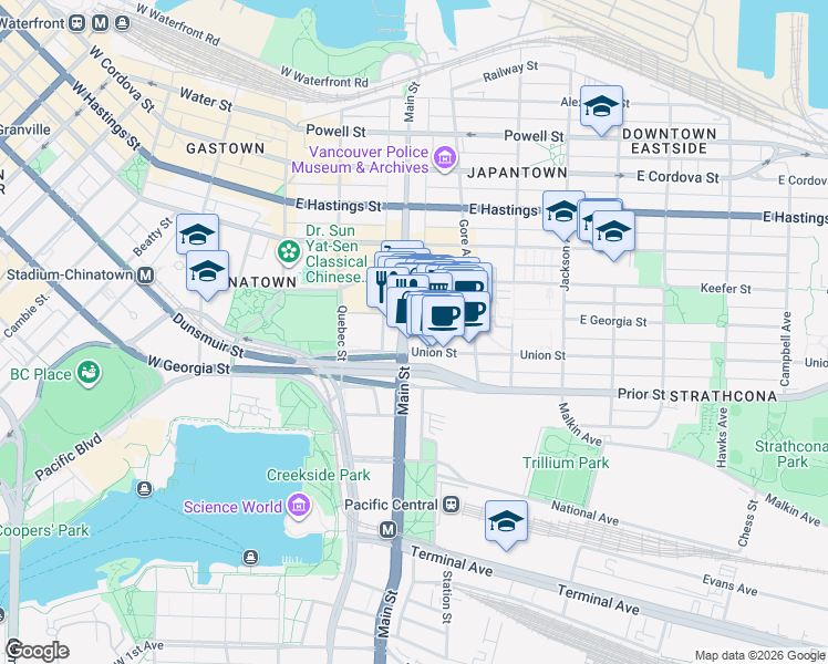 map of restaurants, bars, coffee shops, grocery stores, and more near in Vancouver