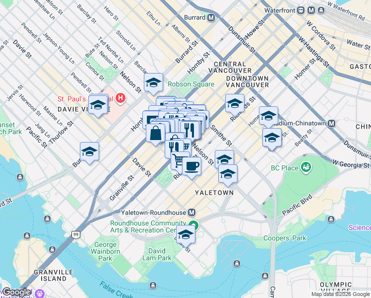 map of restaurants, bars, coffee shops, grocery stores, and more near 1022 Seymour Street in Vancouver